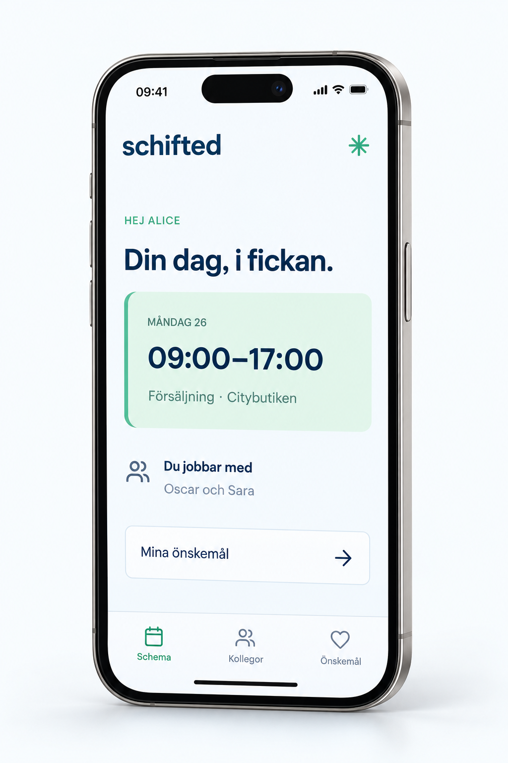 Fotorealistisk iPhone-mockup som visar Schifteds anställdvy med arbetspass och kollegor.